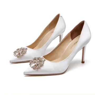 Élégant Ivoire Soie Satin Faux Diamant Chaussure De Mariée 2021 8 Cm Talons Aiguilles À Bout Pointu Mariage Escarpins Talons Hauts