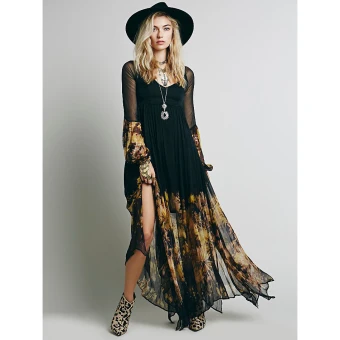 Bohemia Black Summer Casual Maxi Dresses 2018 A Line Princess Printing V Neck Long Sleeve Ankle Length Womens Clothing