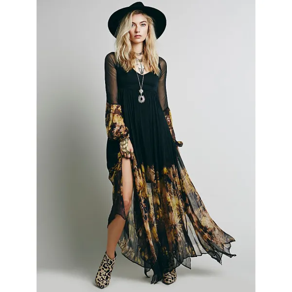 Bohemia Black Summer Casual Maxi Dresses 2018 A-Line / Princess Printing V-Neck Long Sleeve Ankle Length Womens Clothing