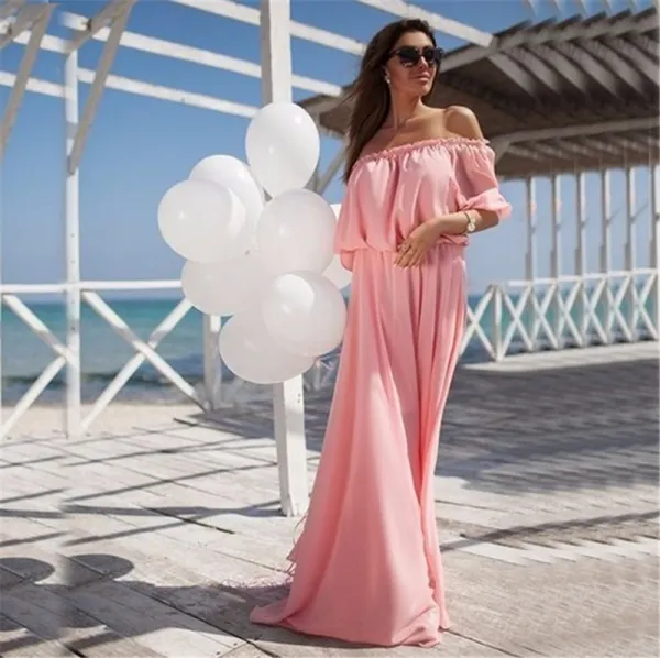 Modern / Fashion Summer Candy Pink Casual Maxi Dresses 2018 A-Line / Princess Off-The-Shoulder Short Sleeve Floor-Length / Long Womens Clothing