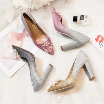 Charmant Gradiëntkleur Candy Roze Avond Pumps 2020 Parel Rhinestone Pailletten 9 Cm Dikke Hak Spitse Neus Pumps