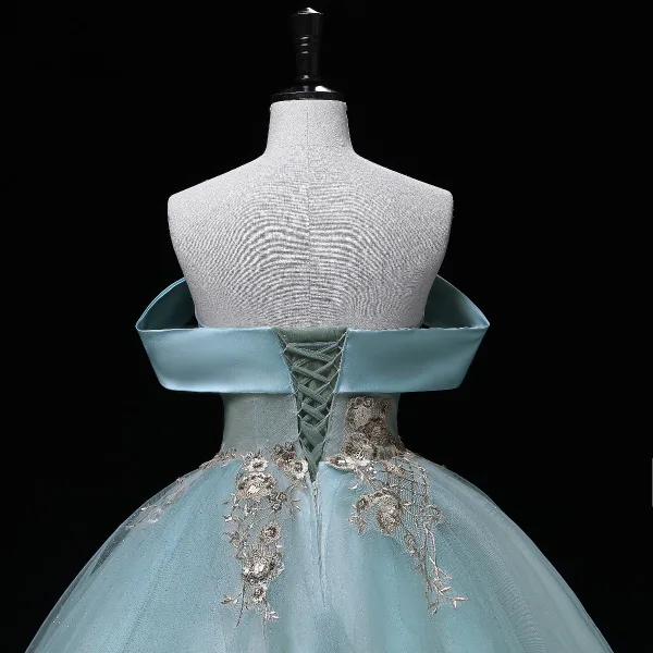 Elegant Mint Green Lace Flower Sequins Formal Dresses 2022 Ball Gown Off-The-Shoulder Sleeveless Backless Floor-Length / Long Prom Dresses