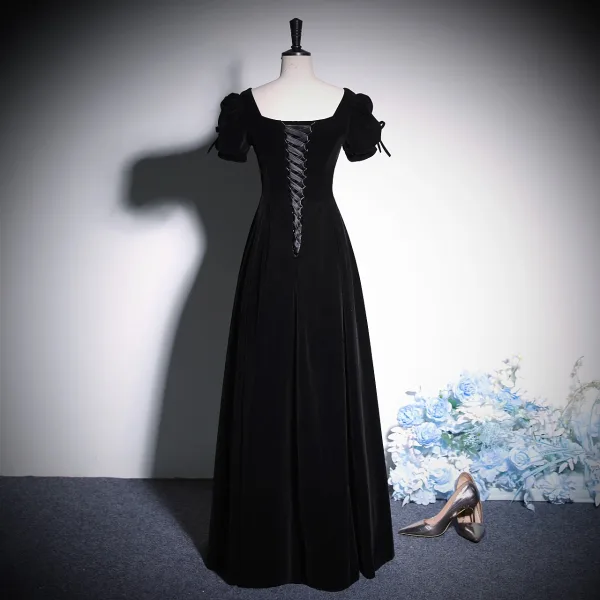 Elegant Black Solid Color Velvet Prom Dresses 2023 A-Line / Princess Square Neckline Short Sleeve Backless Floor-Length / Long Prom Formal Dresses