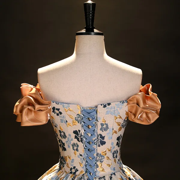 Vintage / Retro Beige Printing Prom Dresses 2023 Ball Gown Off-The-Shoulder Short Sleeve Backless Floor-Length / Long Prom Formal Dresses