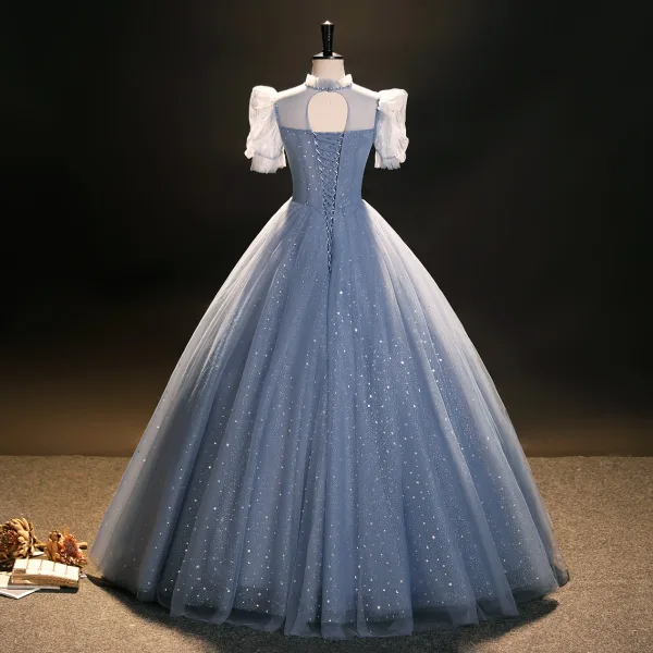Bling Bling Sky Blue Beading Star Sequins Prom Dresses 2023 Ball Gown High Neck Short Sleeve Backless Floor-Length / Long Prom Formal Dresses