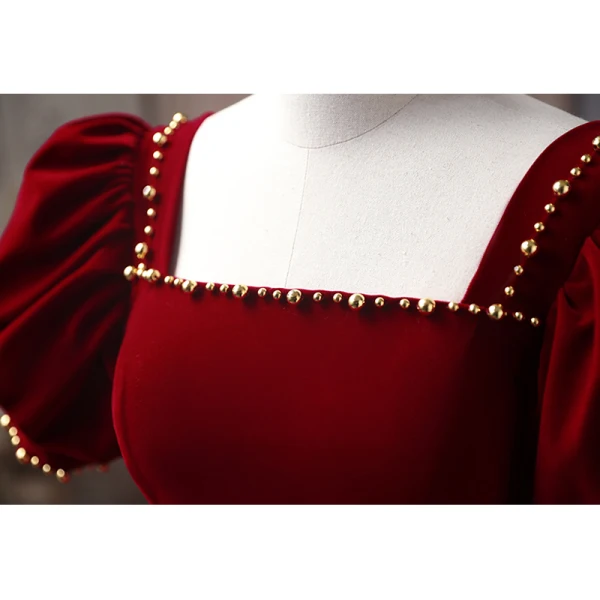 Vintage / Retro Burgundy Pearl Sequins Prom Dresses 2023 Ball Gown Square Neckline Puffy Short Sleeve Backless Floor-Length / Long Prom Formal Dresses