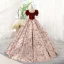 Elegant Burgundy Printing Prom Dresses 2023 Ball Gown Square Neckline Sequins Short Sleeve Backless Floor-Length / Long Prom Formal Dresses