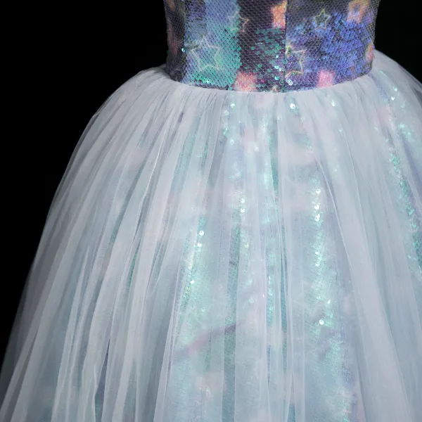 Sexy Bleu Ciel Paillettes Courte Robe De Fête 2025 Robe Boule Encolure Carrée Gonflée Manches Courtes Dos Nu Soirée Robe De Ceremonie
