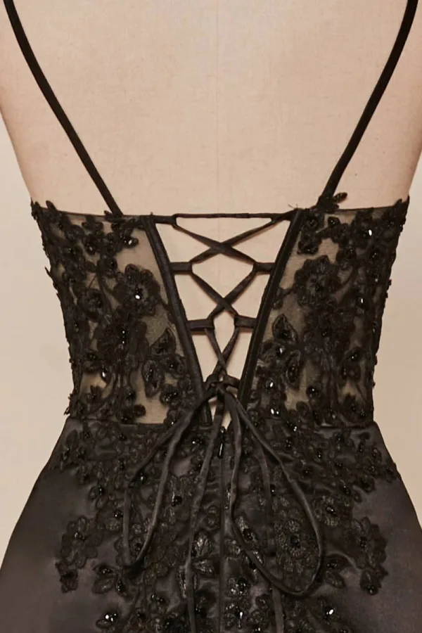 Sexy Black Satin Lace Split Front Prom Dresses 2024 Crossed Straps Sleeveless Spaghetti Straps Trumpet / Mermaid Floor-Length / Long Formal Dresses