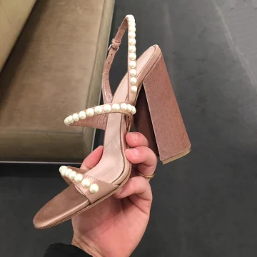 Sexy Nude Straatkleding Parel Sandalen Dames 2020 Slingbacks 9 Cm Dikke Hak Peep Toe Sandalen