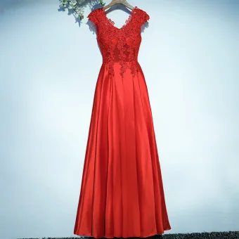 Chic Belle Rouge Robe De Ceremonie Robe De Soirée 2017 En Dentelle Fleur Manches Courtes V Cou Princesse Longueur Cheville