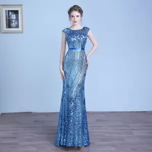 Sparkly Ocean Blue Evening Dresses 2018 Trumpet Mermaid Lace Sequins Sash Scoop Neck Short Sleeve Floor Length Long Formal Dresses