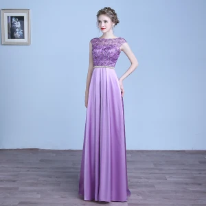 Chic Belle Lilas Robe De Soirée 2018 Princesse En Dentelle Fleur Ceinture Encolure Dégagée Dos Nu Sans Manches Longue Robe De Ceremonie