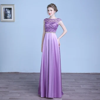 Chic Belle Lilas Robe De Soirée 2018 Princesse En Dentelle Fleur Ceinture Encolure Dégagée Dos Nu Sans Manches Longue Robe De Ceremonie