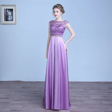 Chic Belle Lilas Robe De Soirée 2018 Princesse En Dentelle Fleur Ceinture Encolure Dégagée Dos Nu Sans Manches Longue Robe De Ceremonie