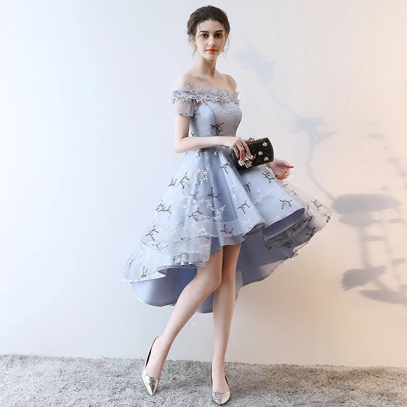 Modern Fashion Grey Cocktail Dresses 2018 A Line Princess Asymmetrical  Appliques Lace Bow Off The Shoulder Backless Short Sleeve Formal Dresses