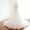 Elegant Ivory Wedding Dresses 2018 A-Line / Princess Beading Crystal Sequins Off-The-Shoulder Backless Short Sleeve Chapel Train Wedding