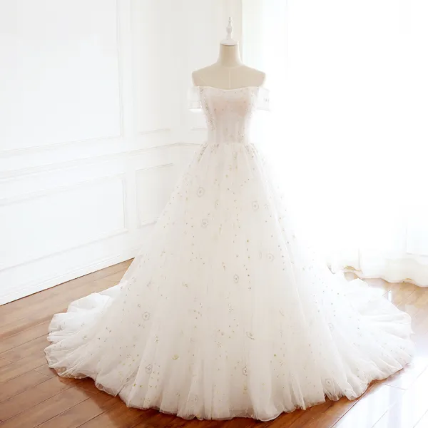 Elegant Ivory Wedding Dresses 2018 A-Line / Princess Beading Crystal Sequins Off-The-Shoulder Backless Short Sleeve Chapel Train Wedding