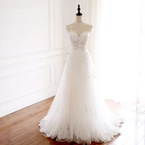 Chic Beautiful Champagne Wedding Dresses 2018 A Line Princess Appliques Lace Scoop Neck Sleeveless Sweep Train Wedding