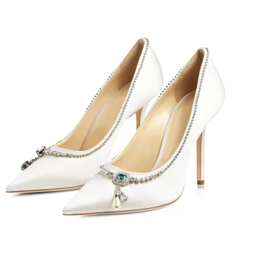 Mode Ivoire Soie Satin Faux Diamant Chaussure De Mariée 2021 9 Cm Talons Aiguilles À Bout Pointu Mariage Escarpins Talons Hauts