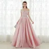 Chic / Beautiful Blushing Pink Prom Dresses 2018 A-Line / Princess Off-The-Shoulder Backless Short Sleeve Floor-Length / Long Formal Dresses