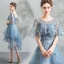 Modern / Fashion Pool Blue Cocktail Dresses 2018 A-Line / Princess Asymmetrical Lace Flower Pearl Scoop Neck Backless Short Sleeve Formal Dresses
