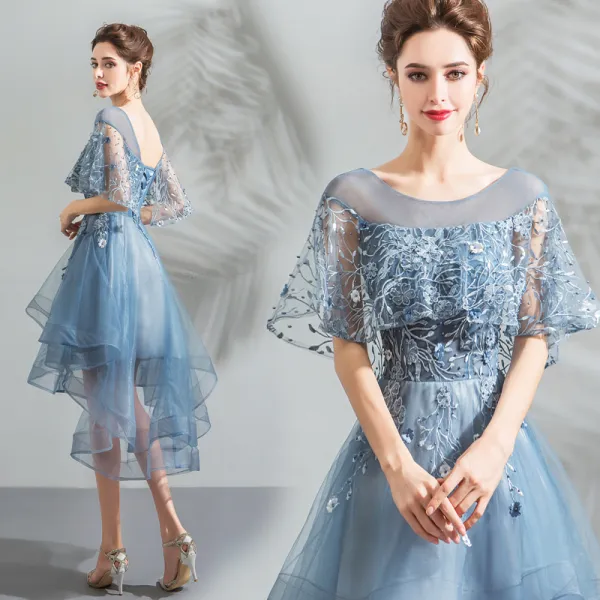 Modern Fashion Pool Blue Cocktail Dresses 2018 A Line Princess Asymmetrical Lace Flower Pearl Scoop Neck