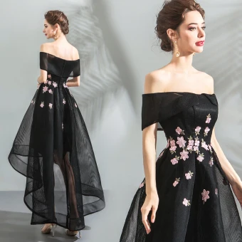 Modern Fashion Black Cocktail Dresses 2018 A Line Princess Asymmetrical Lace Appliques Off The Shoulder Backless Short Sleeve Formal Dresses