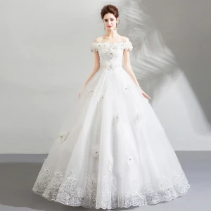 Amazing Unique White Wedding Dresses 2018 Ball Gown Lace Appliques Rhinestone Off The Shoulder Backless Short Sleeve Floor Length Long Wedding
