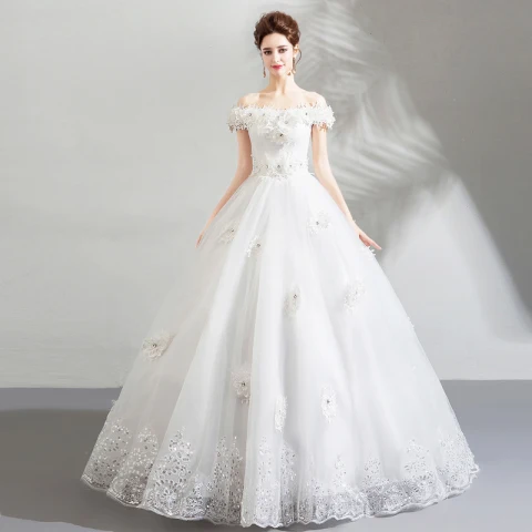 Unique Blanche Robe De Mariée 2018 Robe Boule En Dentelle Appliques Faux Diamant De l'épaule Dos Nu Manches Courtes Longue Mariage