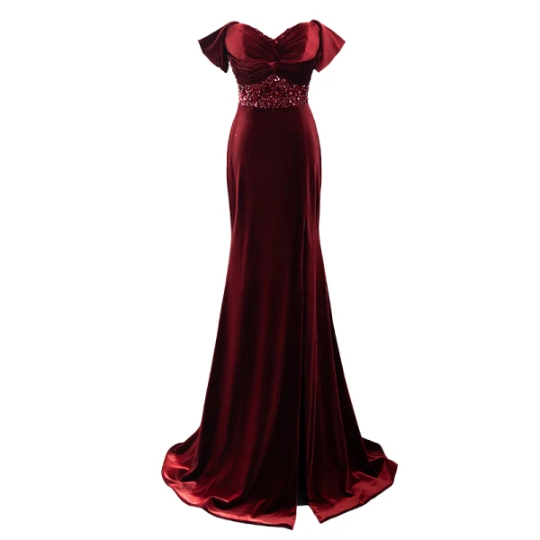 Sexy Burgundy Sequins Velvet Evening Dresses 2024 Trumpet / Mermaid Off-The-Shoulder Sleeveless Backless Sweep Train Evening Party Formal Dresses