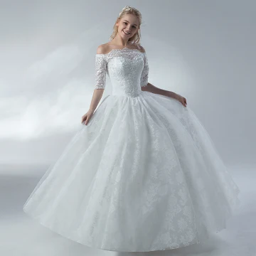 Abordable Blanche Robe De Mariée 2018 Princesse En Dentelle Fleur De L Épaule Dos Nu 1 2 Manches Longue Mariage