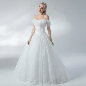 Erschwinglich Ivory Creme Brautkleider Hochzeitskleider 2018 A Linie Perlenstickerei Perle Spitze Off Shoulder Rückenfreies Kurze Ärmel Lange Hochzeit