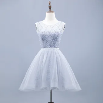 Moderne Mode Gris Robe De Cocktail 2018 Princesse En Dentelle Perlage Noeud Encolure Dégagée Dos Nu Sans Manches Courte Robe De Ceremonie