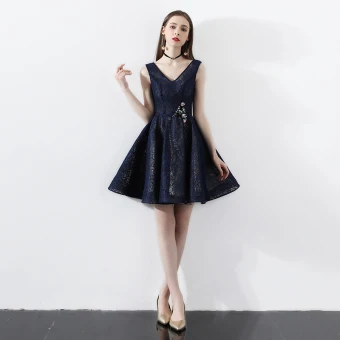 Modern Fashion Navy Blue Party Dresses 2018 A Line Princess Lace V Neck Backless Short Sleeve Short Formal Dresses