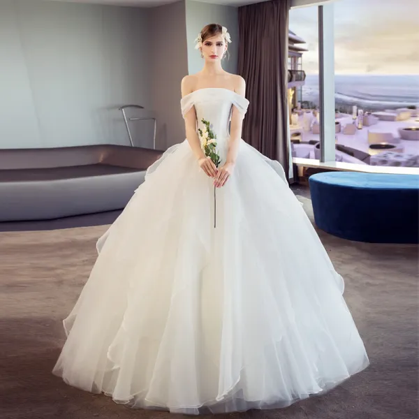 Elegant Ivory Wedding Dresses 2018 Ball Gown Ruffle Off-The-Shoulder Short Sleeve Floor-Length / Long Wedding