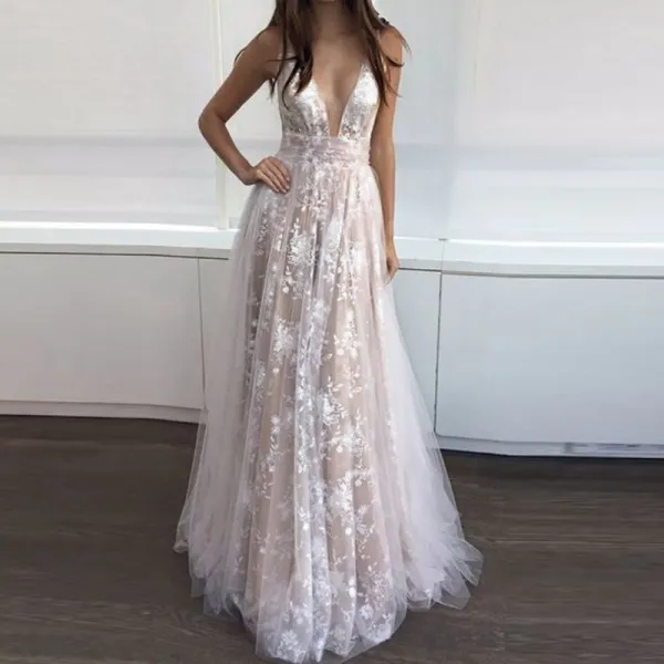 Sexy Beige Maxi Dresses 2018 A-Line / Princess Lace V-Neck Backless Sleeveless Floor-Length / Long Womens Clothing