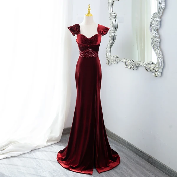 Sexy Burgundy Sequins Velvet Evening Dresses 2024 Trumpet / Mermaid Off-The-Shoulder Sleeveless Backless Sweep Train Evening Party Formal Dresses