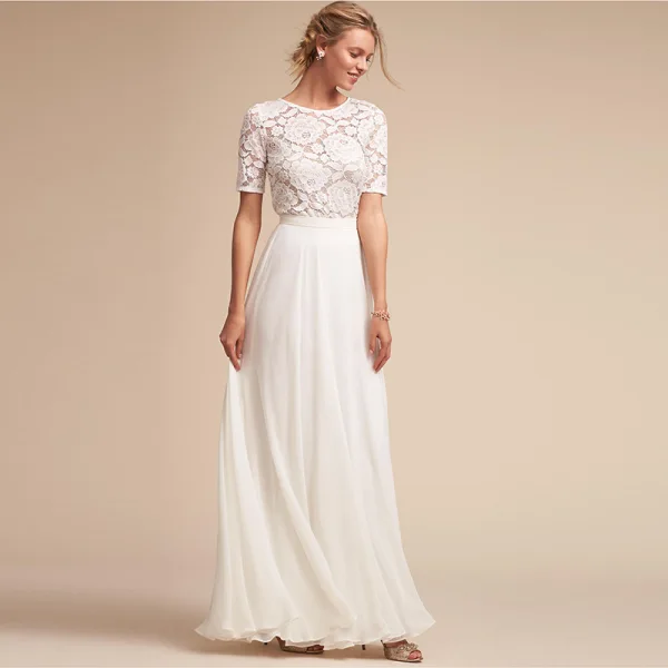 Modest / Simple White Maxi Dresses 2018 A-Line / Princess Lace Scoop Neck Short Sleeve Floor-Length / Long Womens Clothing