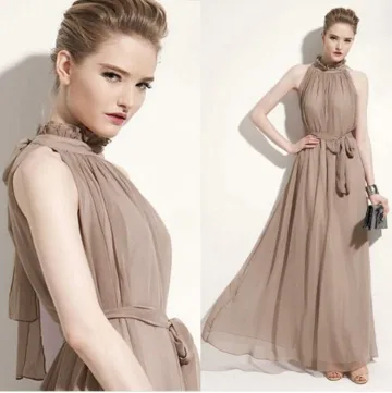 Elegant Summer Khaki Maxi Dresses 2018 Pleated High Neck Short Sleeve Floor Length Long Womens Clothing