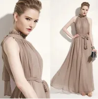 Elegant Summer Khaki Maxi Dresses 2018 Pleated High Neck Short Sleeve Floor-Length / Long Womens Clothing