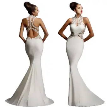 Modern Fashion White Maxi Dresses 2018 Trumpet Mermaid Lace Flower High Neck Sleeveless Sweep Train Womens Clothing