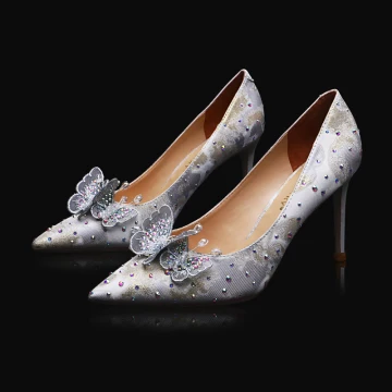Charmant Zilveren Kant Vlinder Bruidsschoenen 2021 Leer Rhinestone 9 Cm Naaldhakken Stiletto Spitse Neus Huwelijk Pumps Hoge Hakken