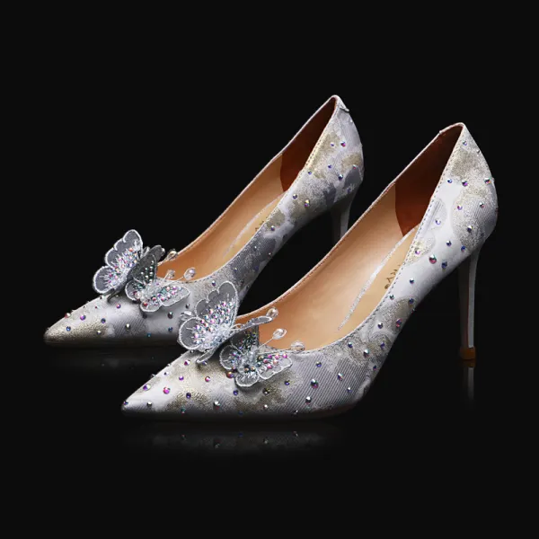Charming Silver Lace Butterfly Wedding Shoes 2021 Leather Rhinestone 9 cm Stiletto Heels Pointed Toe Wedding Pumps High Heels