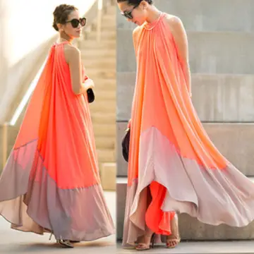 Chic Belle Orange Été Désinvolte Robes Longues 2018 Plissée Encolure Dégagée Sans Manches Longue Vêtements Femme
