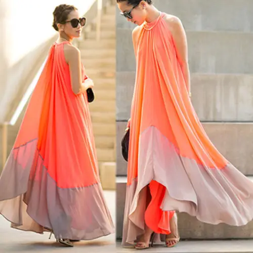 Chic / Beautiful Orange Summer Casual Maxi Dresses 2018 Pleated Scoop Neck Sleeveless Floor-Length / Long Womens Clothing