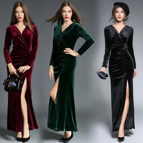 Sexy Dark Green Maxi Dresses 2018 Trumpet / Mermaid Suede Split Front V-Neck Long Sleeve Ankle Length Womens Clothing