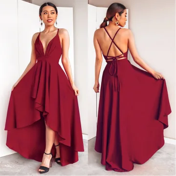 Chic Belle Bordeaux Robes Longues 2018 Princesse Noeud Asymétrique Bretelles Spaghetti Fond Croisé Plongeant Sans Manches Vêtements Femme