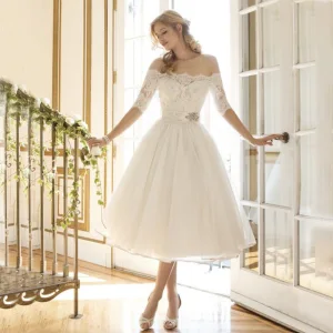 Chic Beautiful White Dating Formal Dresses 2018 A Line Princess Summer Lace Flower Off The Shoulder Short Sleeve Tea Length