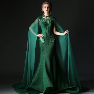 Luxury Gorgeous Dark Green Evening Dresses With Cloak 2018 Trumpet Mermaid Beading Pearl Rhinestone Scoop Neck Backless Sleeveless Sweep Train Formal Dresses
